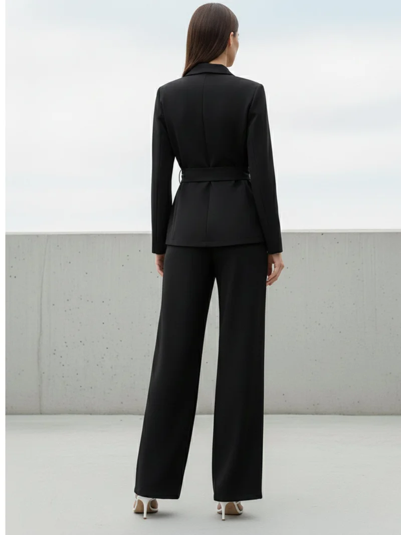 OUTZIDR  Black Full Sleeve Belted Detail Top And Pant Set for Women | Best Price UAE